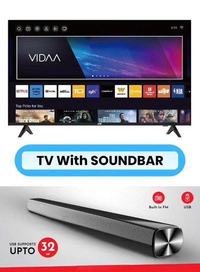 JVC 50-Inch Edgeless 4K UHD Smart TV with VIDAA OS, 60Hz, Bluetooth Remote Paired with 2.0 Channel 30W Soundbar, Bluetooth, USB, FM Radio LT-50N7105+SOUNDBAR Black-2