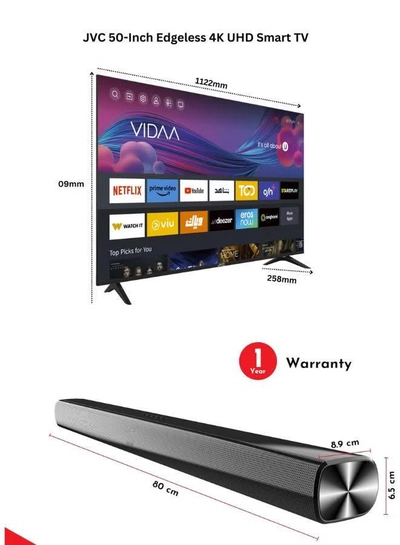 JVC 50-Inch Edgeless 4K UHD Smart TV with VIDAA OS, 60Hz, Bluetooth Remote Paired with 2.0 Channel 30W Soundbar, Bluetooth, USB, FM Radio LT-50N7105+SOUNDBAR Black-6