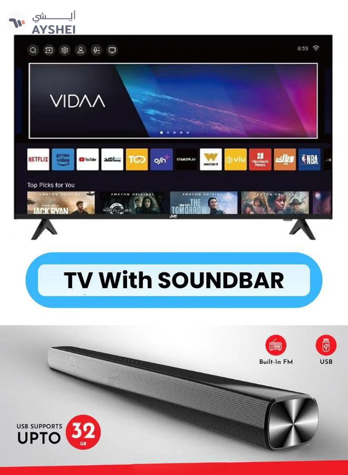 JVC 50-Inch Edgeless 4K UHD Smart TV with VIDAA OS, 60Hz, Bluetooth Remote Paired with 2.0 Channel 30W Soundbar, Bluetooth, USB, FM Radio LT-50N7105+SOUNDBAR Black-2-2
