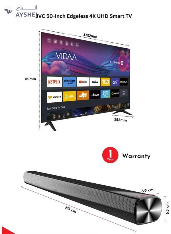 JVC 50-Inch Edgeless 4K UHD Smart TV with VIDAA OS, 60Hz, Bluetooth Remote Paired with 2.0 Channel 30W Soundbar, Bluetooth, USB, FM Radio LT-50N7105+SOUNDBAR Black
