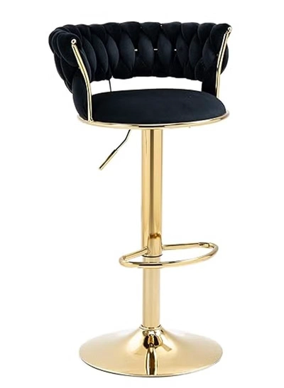 DubaiGallery Velvet Swivel Golden Bar Chair Adjustable 360" Rotating Gold Metal High Stool With Backrest For Cafes And Bars-3
