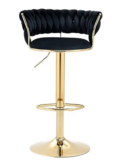 DubaiGallery Velvet Swivel Golden Bar Chair Adjustable 360" Rotating Gold Metal High Stool With Backrest For Cafes And Bars-0