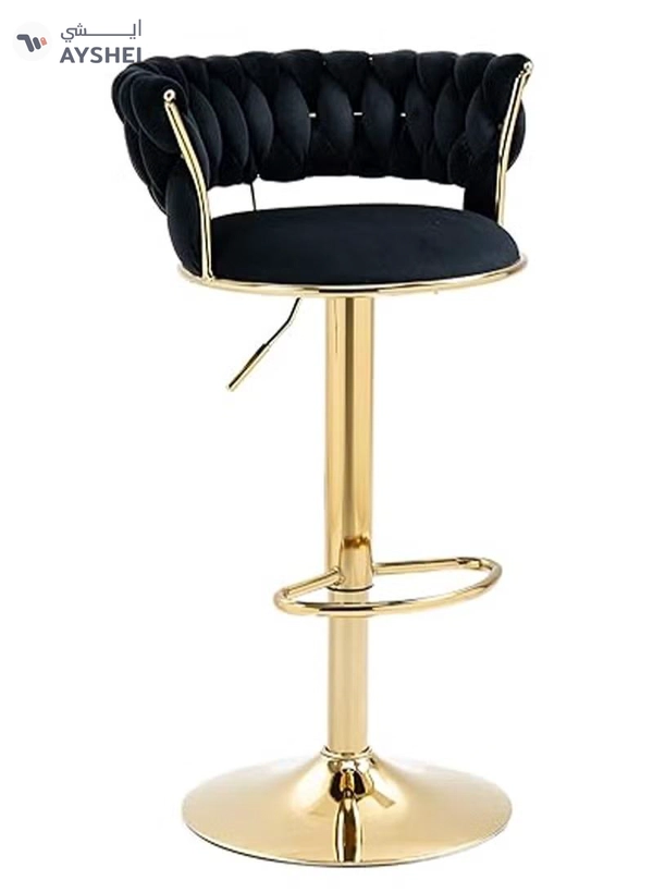 DubaiGallery Velvet Swivel Golden Bar Chair Adjustable 360" Rotating Gold Metal High Stool With Backrest For Cafes And Bars