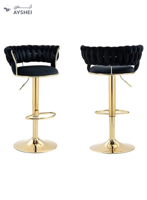 DubaiGallery Velvet Swivel Golden Bar Chair Adjustable 360" Rotating Gold Metal High Stool With Backrest For Cafes And Bars