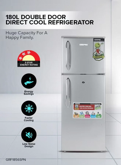 GEEPAS 180LGross/ 132L Net Capacity, Double Door Refrigerator - Durable Double Door Refrigerator, Fast Cooling & Preserves Freshness, Low Noise, Energy Efficient, In-Built Deodorizer, Tempered Glass Shelves , Freezer Capacity-34L 120 W 120 W GRF1856SPN Silver-4