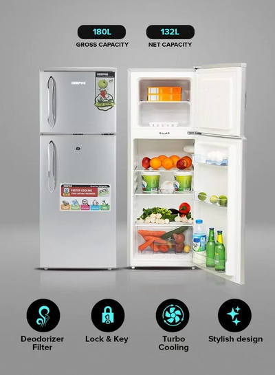 GEEPAS 180LGross/ 132L Net Capacity, Double Door Refrigerator - Durable Double Door Refrigerator, Fast Cooling & Preserves Freshness, Low Noise, Energy Efficient, In-Built Deodorizer, Tempered Glass Shelves , Freezer Capacity-34L 120 W 120 W GRF1856SPN Silver-6