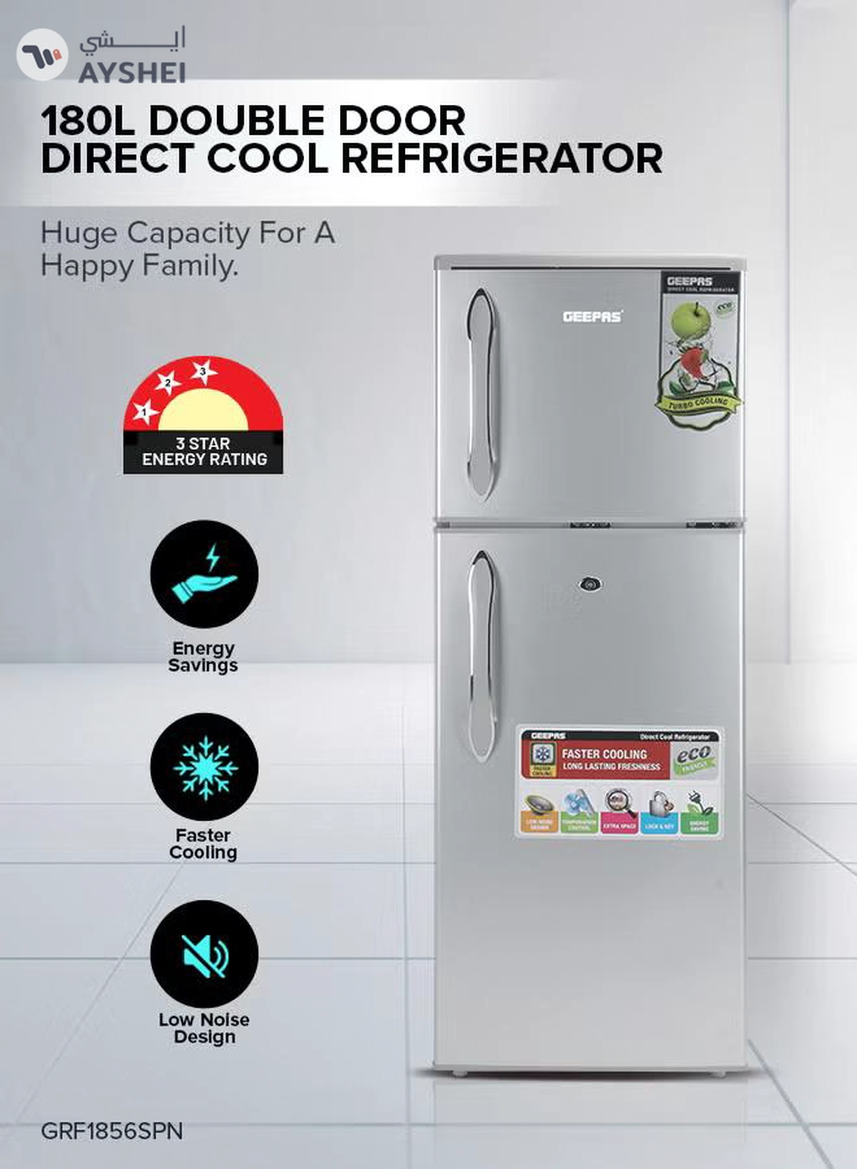 GEEPAS 180LGross/ 132L Net Capacity, Double Door Refrigerator - Durable Double Door Refrigerator, Fast Cooling & Preserves Freshness, Low Noise, Energy Efficient, In-Built Deodorizer, Tempered Glass Shelves , Freezer Capacity-34L 120 W 120 W GRF1856SPN Silver-4-4