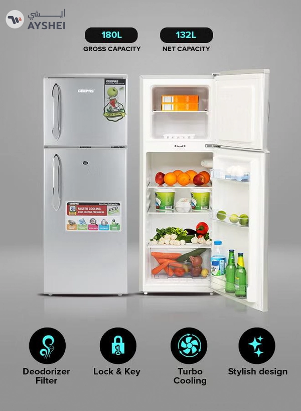 GEEPAS 180LGross/ 132L Net Capacity, Double Door Refrigerator - Durable Double Door Refrigerator, Fast Cooling & Preserves Freshness, Low Noise, Energy Efficient, In-Built Deodorizer, Tempered Glass Shelves , Freezer Capacity-34L 120 W 120 W GRF1856SPN Silver