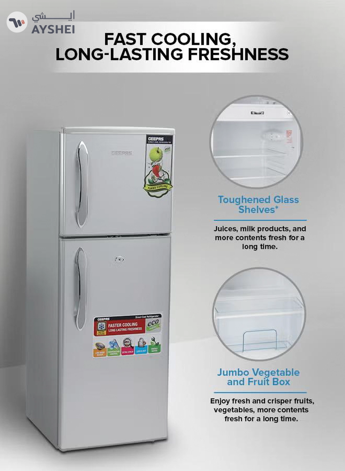 GEEPAS 180LGross/ 132L Net Capacity, Double Door Refrigerator - Durable Double Door Refrigerator, Fast Cooling & Preserves Freshness, Low Noise, Energy Efficient, In-Built Deodorizer, Tempered Glass Shelves , Freezer Capacity-34L 120 W 120 W GRF1856SPN Silver-3-3