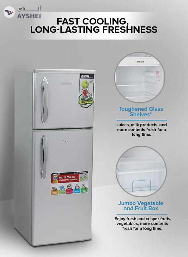 GEEPAS 180LGross/ 132L Net Capacity, Double Door Refrigerator - Durable Double Door Refrigerator, Fast Cooling & Preserves Freshness, Low Noise, Energy Efficient, In-Built Deodorizer, Tempered Glass Shelves , Freezer Capacity-34L 120 W 120 W GRF1856SPN Silver