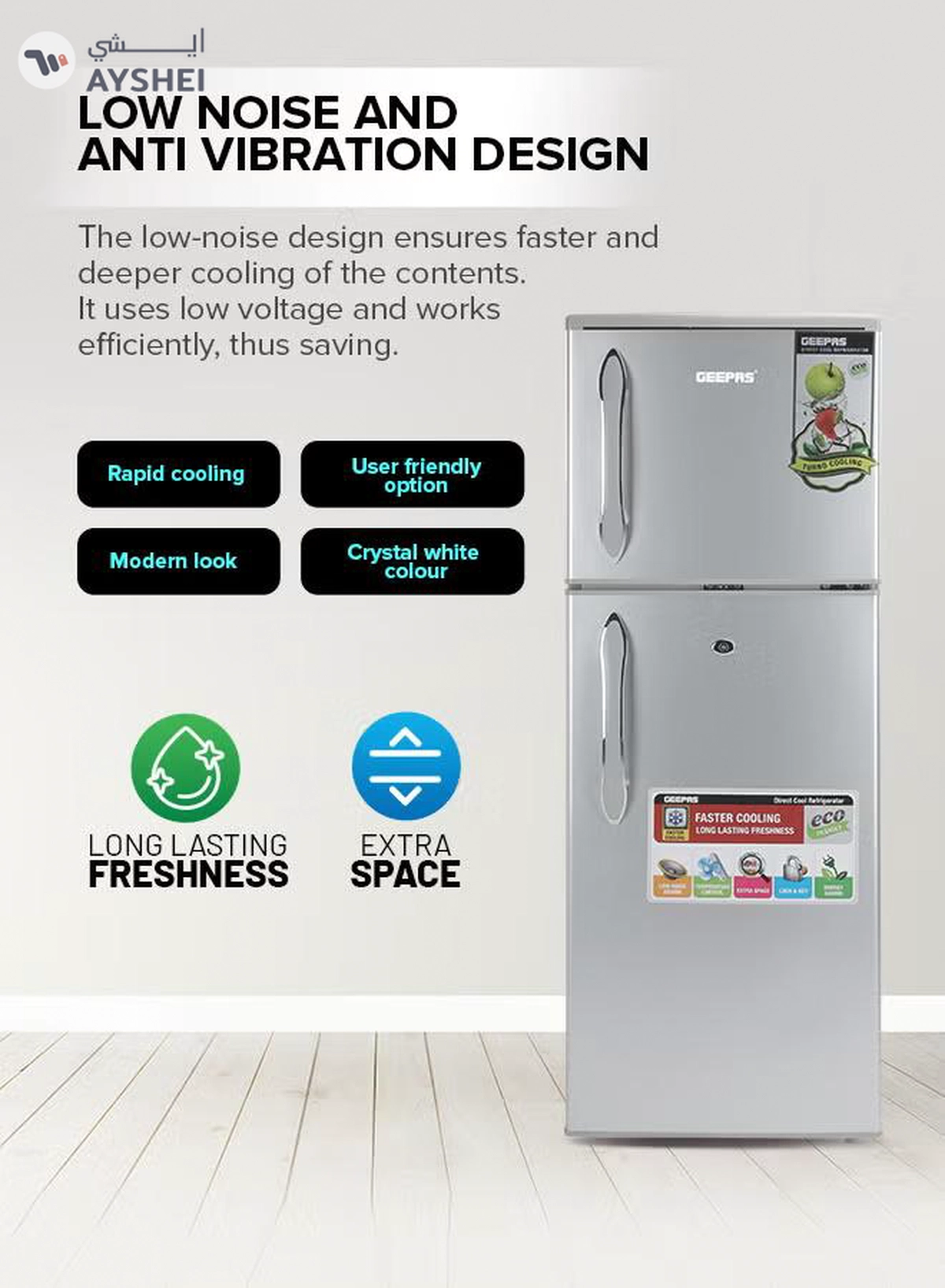 GEEPAS 180LGross/ 132L Net Capacity, Double Door Refrigerator - Durable Double Door Refrigerator, Fast Cooling & Preserves Freshness, Low Noise, Energy Efficient, In-Built Deodorizer, Tempered Glass Shelves , Freezer Capacity-34L 120 W 120 W GRF1856SPN Silver-5-5