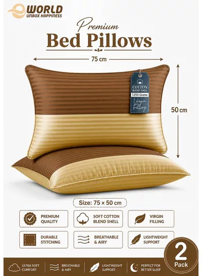 Pack of 2 Down Alternative Bed Pillows, 1250g Fill, Cotton Blend Cover, Hotel Quality, 50x75cm, Brown-Gold-0