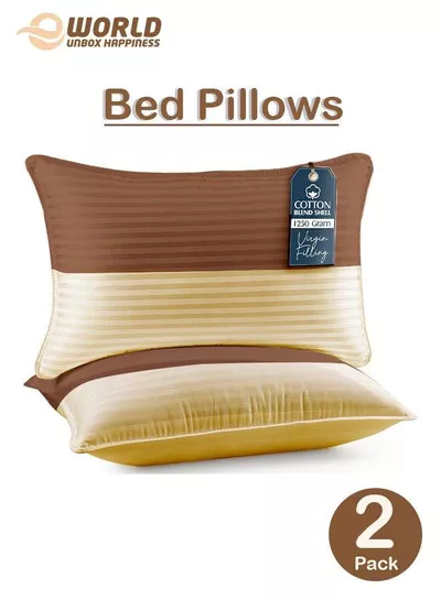Pack of 2 Down Alternative Bed Pillows, 1250g Fill, Cotton Blend Cover, Hotel Quality, 50x75cm, Brown-Gold-2