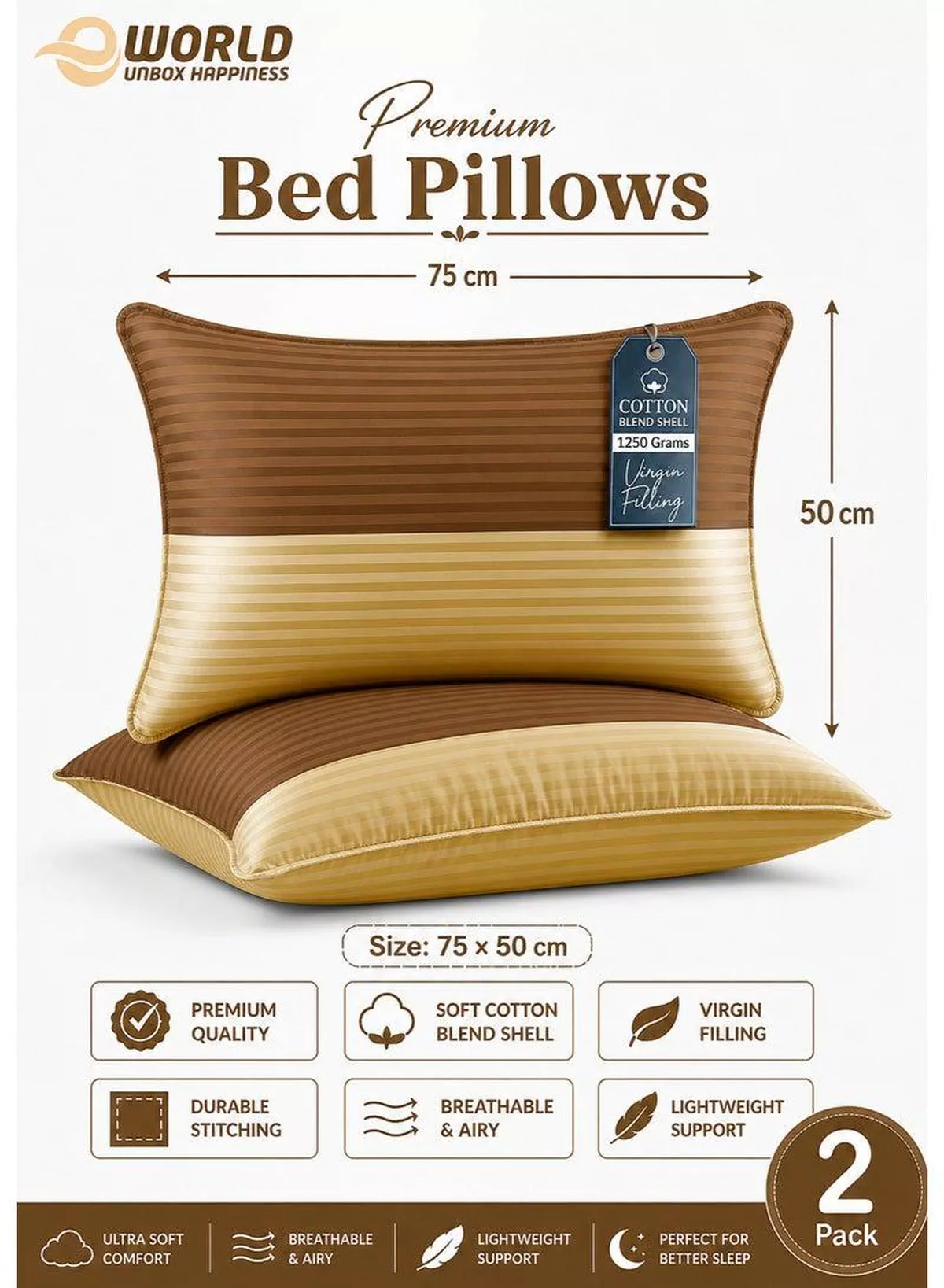 Pack of 2 Down Alternative Bed Pillows, 1250g Fill, Cotton Blend Cover, Hotel Quality, 50x75cm, Brown-Gold