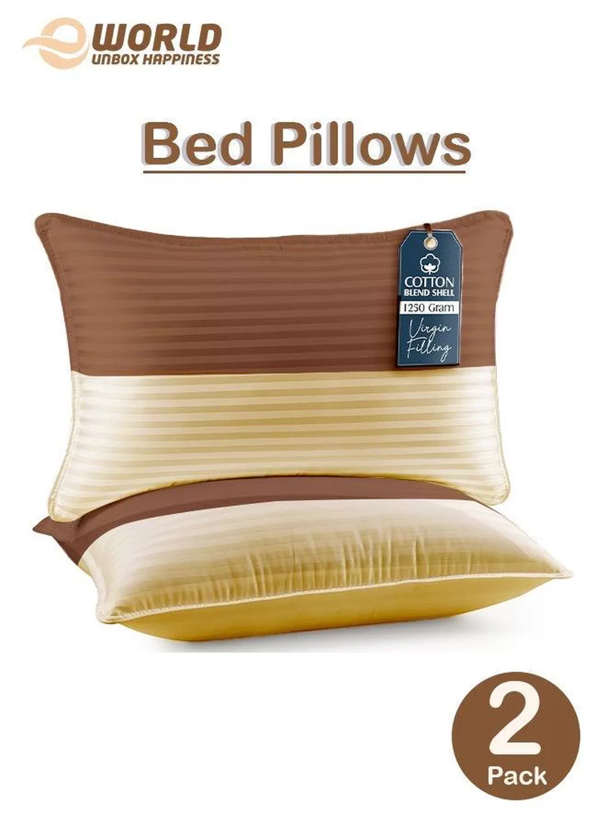 Pack of 2 Down Alternative Bed Pillows, 1250g Fill, Cotton Blend Cover, Hotel Quality, 50x75cm, Brown-Gold-2-2
