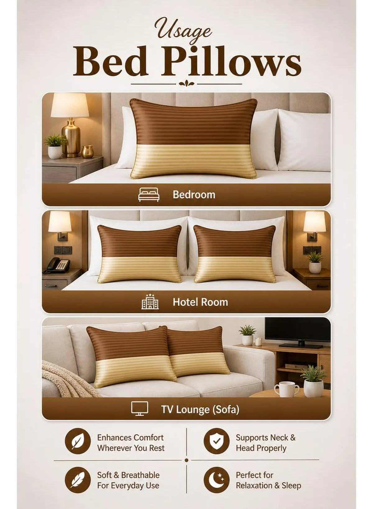 Pack of 2 Down Alternative Bed Pillows, 1250g Fill, Cotton Blend Cover, Hotel Quality, 50x75cm, Brown-Gold-3-3