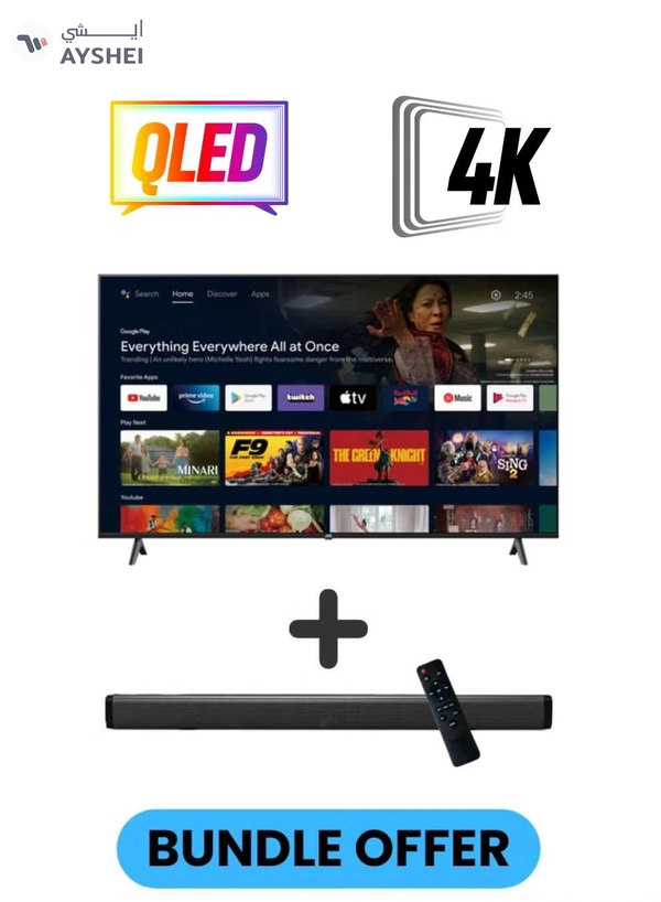 JVC 75-Inch 4K QLED Android Smart TV with Dolby Vision, Chromecast, 60Hz Refresh Rate, and 'OK GOOGLE' Voice Remote, and 30W 2.0 Channel Soundbar with Bluetooth, HDMI ARC, USB, Optical Inputs LT-75NQ7115+SOUNDBAR Black