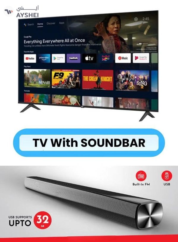 JVC 75-Inch 4K QLED Android Smart TV with Dolby Vision, Chromecast, 60Hz Refresh Rate, and 'OK GOOGLE' Voice Remote, and 30W 2.0 Channel Soundbar with Bluetooth, HDMI ARC, USB, Optical Inputs LT-75NQ7115+SOUNDBAR Black