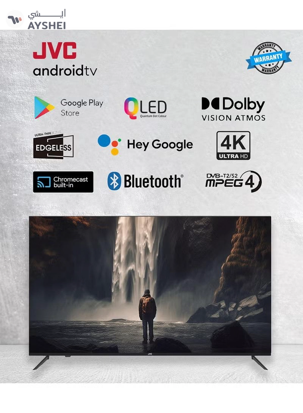JVC 75-Inch 4K QLED Android Smart TV with Dolby Vision, Chromecast, 60Hz Refresh Rate, and 'OK GOOGLE' Voice Remote, and 30W 2.0 Channel Soundbar with Bluetooth, HDMI ARC, USB, Optical Inputs LT-75NQ7115+SOUNDBAR Black