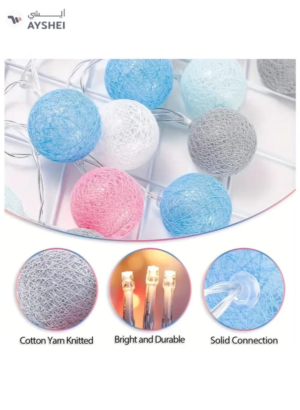 JIHAM Multicolor Cotton Ball String Lights for Bedroom 3M / 9.84Ft 10 LED Cotton Ball Fairy Lights Battery Powered Cotton Ball Lights Indoor Outdoor Party Decoration LED Light