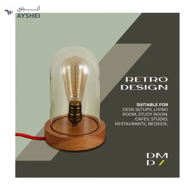 Daamudi Desk Retro Lamp, Wooden Vintage Table Decorative Night, By Daamudi