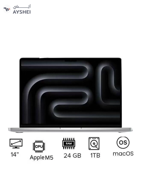 Apple New M5 Macbook Pro 2025 Laptop With 14‑inch XDR Retina Display, M5 chip with 10-core CPU, 10-core GPU Processor/24GB RAM/1TB SSD/MacOS English/Arabic silver