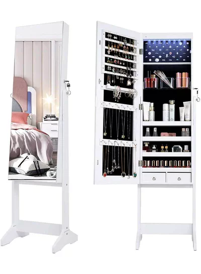 White Mirrored Jewelry Cabinet Armoire Storage Organizer Box Light-3
