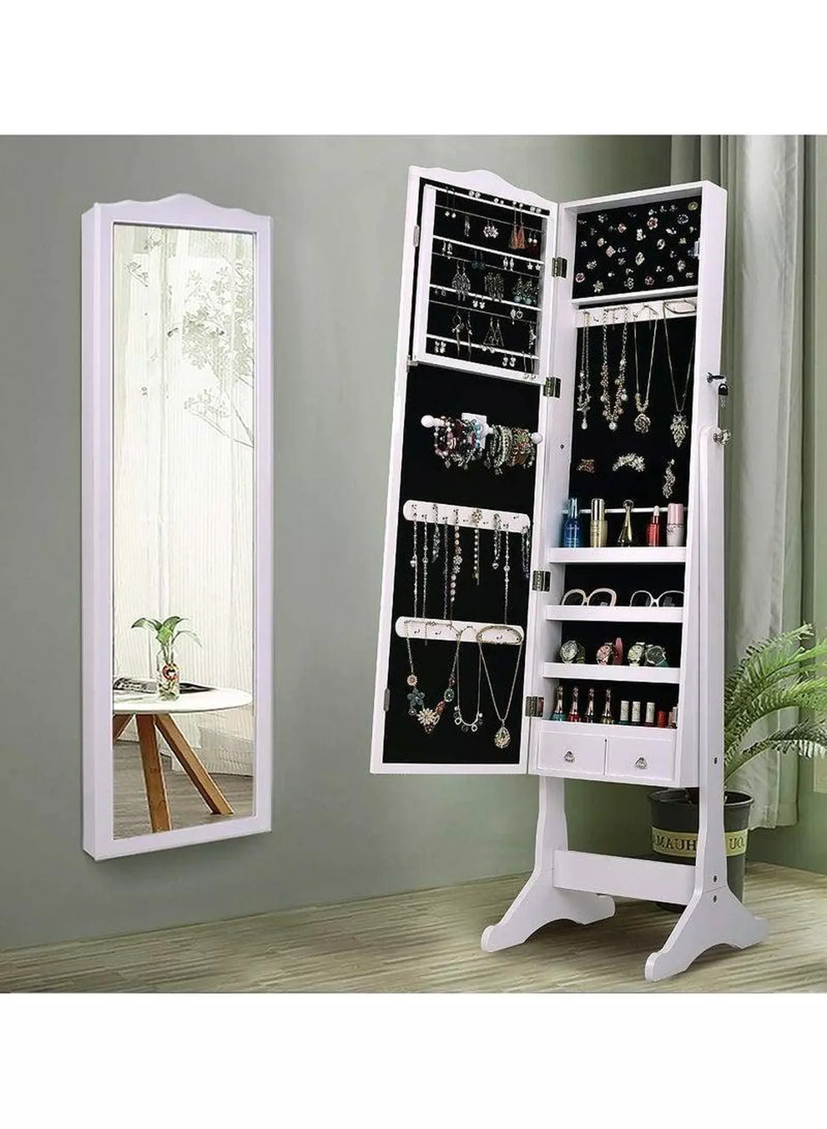 White Mirrored Jewelry Cabinet Armoire Storage Organizer Box Light