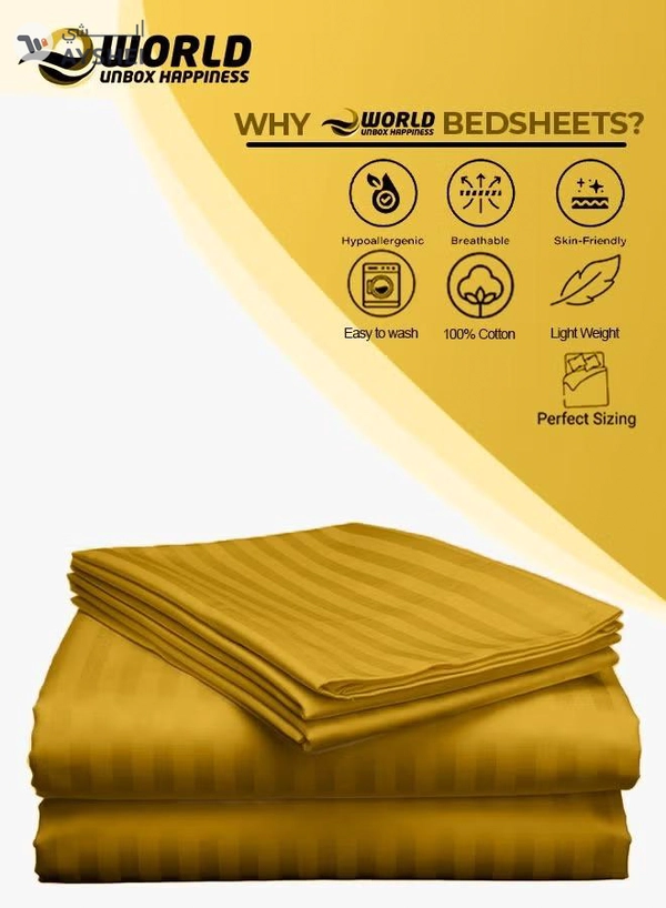 Eworld 3 Piece Luxury Gold Striped Bed Sheet Set with 1 Flat Sheet and 2 Pillowcases