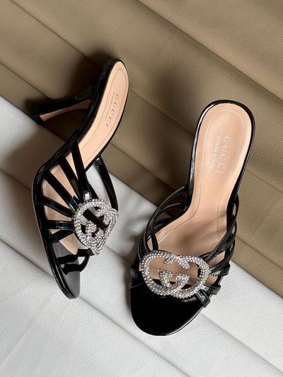 Gucci Crystal Double G Patent Leather Heeled Sandals-0