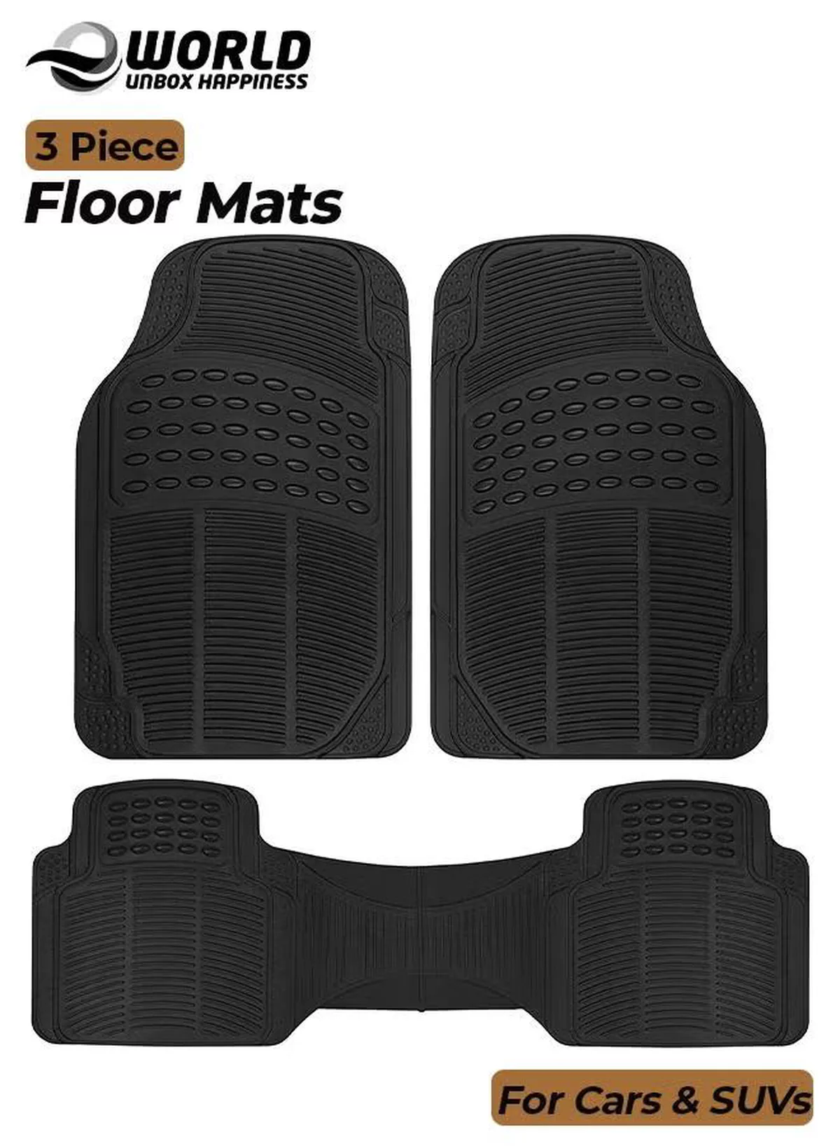Eworld 3 Piece Set Enhanced Proline Trimmable Floor Mats for Cars Trucks Jeeps Vans and SUVs Universal Fit Design Black Heavy Duty Waterproof and All Weather Protection Odorless Rubber with Anti-Slip Feature