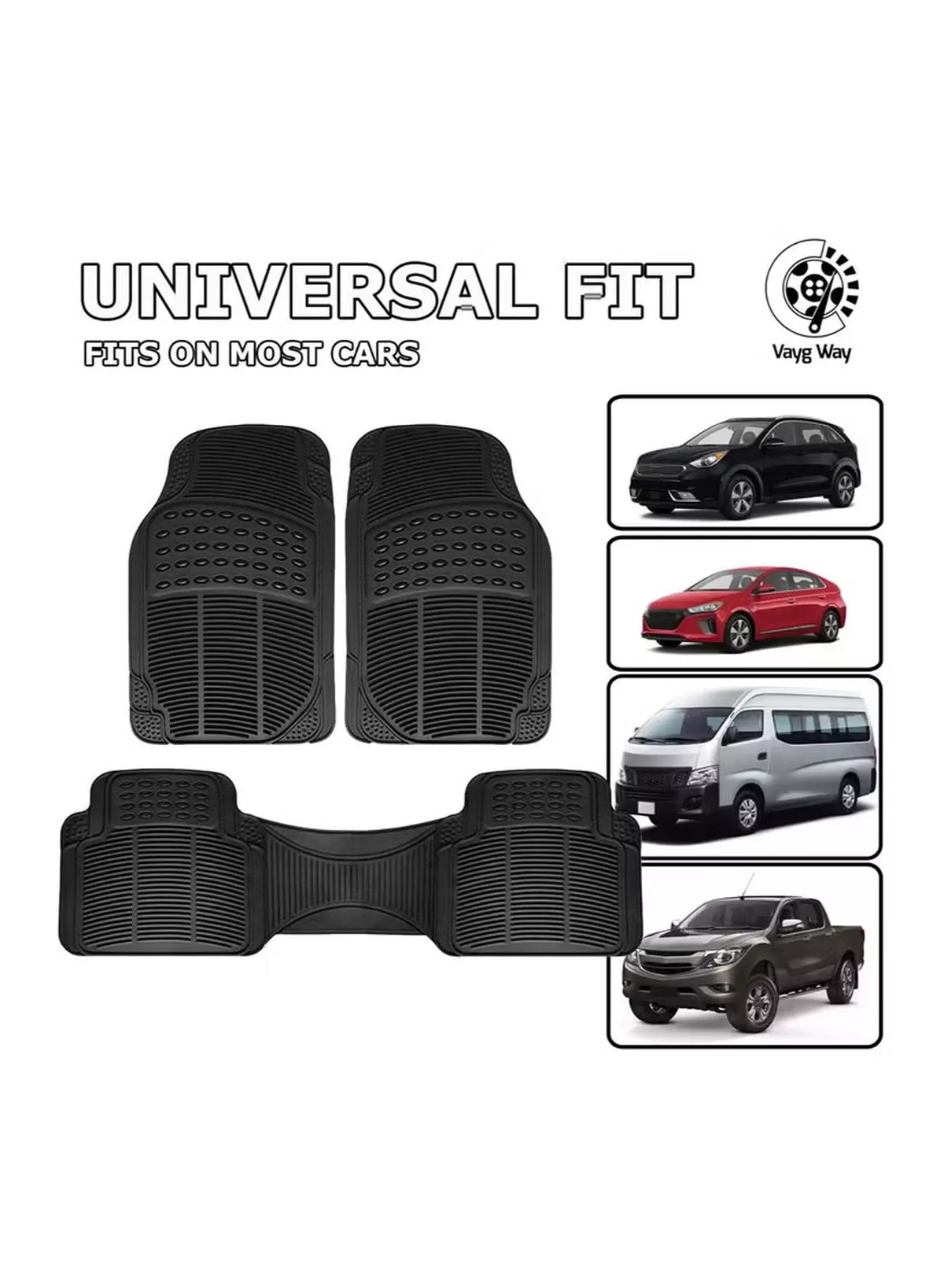 Eworld 3 Piece Set Enhanced Proline Trimmable Floor Mats for Cars Trucks Jeeps Vans and SUVs Universal Fit Design Black Heavy Duty Waterproof and All Weather Protection Odorless Rubber with Anti-Slip Feature-1-1