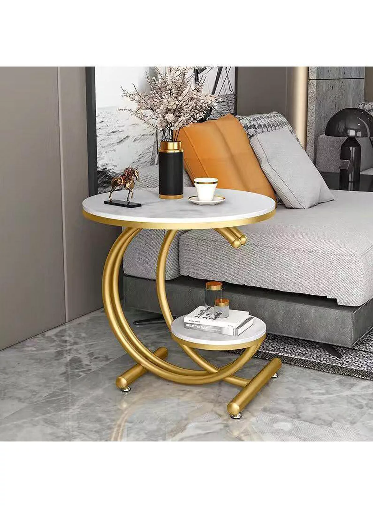 Sofa Side Table, Light Luxury End Table Rock Board Corner Table Creativity Round Table Open Double-Layer Design Coffee Table Modern Living Room Side Cabinet Bedside Table