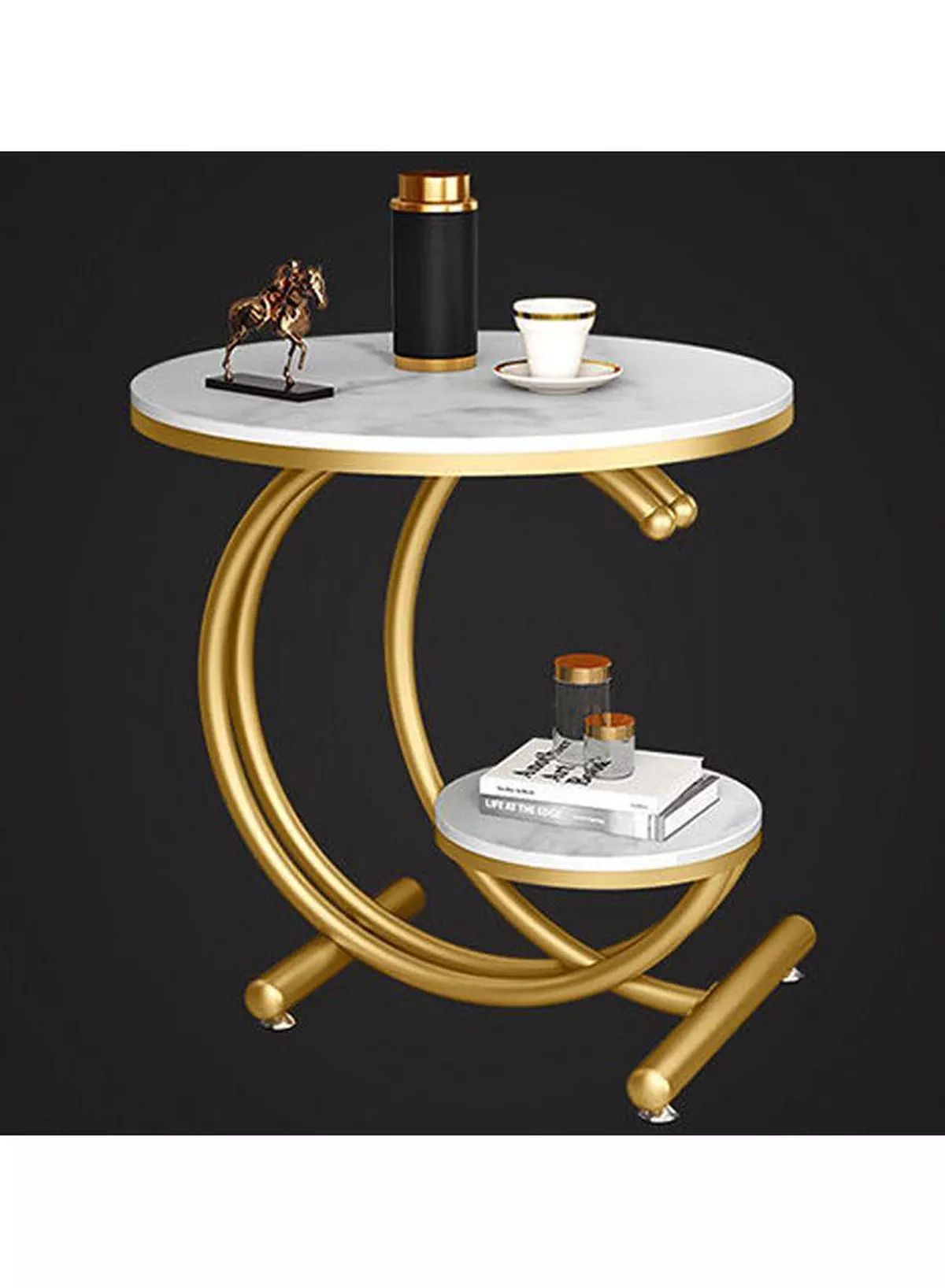 Sofa Side Table, Light Luxury End Table Rock Board Corner Table Creativity Round Table Open Double-Layer Design Coffee Table Modern Living Room Side Cabinet Bedside Table-1-1