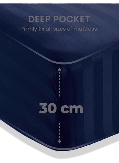 Eworld 4-Piece Luxury King Size Navy Blue Striped Bedding Set-3