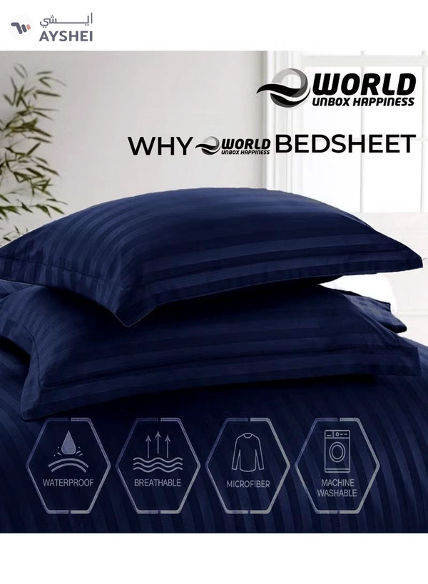 Eworld 4-Piece Luxury King Size Navy Blue Striped Bedding Set