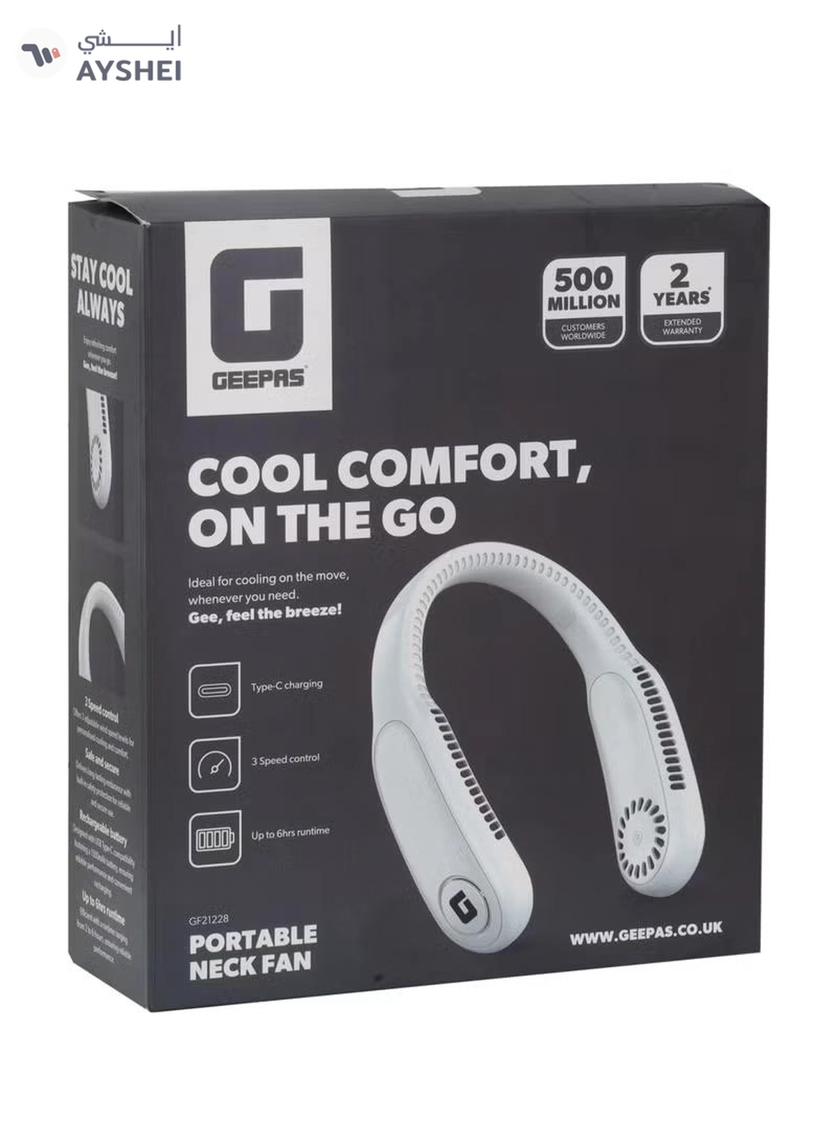 GEEPAS Portable Neck Fan- GF21228/ 6 Hours Long Working Time, 3 Speed Levels/ Lightweight, Rechargeable for Indoor and Outdoor Use/ Silent, Safe and Secure GF21228 white-6-6