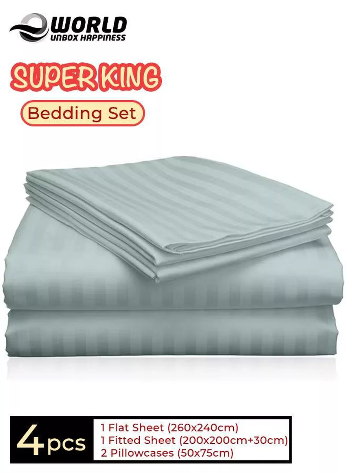 4-Piece Luxury Super King Pastel Green Striped Bedding Set (Flat Sheet 260×240 cm, Fitted Sheet 200×200+30 cm, 2 Pillowcases 50×75 cm) – Premium Microfiber, Hotel-Style Comfort
