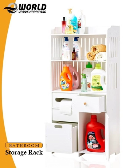 Eworld Waterproof White PVC Floor Cabinet Organizer, Stylish Storage Solution Featuring Shelves-0