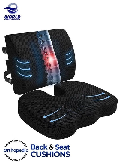 Eworld Premium Comfort Seat Cushion - Non Slip Orthopedic Memory Foam Coccyx Cushion and Back Seat-0