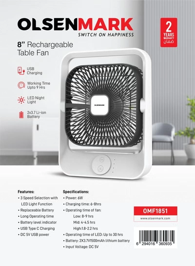  Olsenmark 8" Rechargeable Table Fan, Working Time up to 9 Hours, 3 Speed Controls, High Performance Battery for High Speed -4