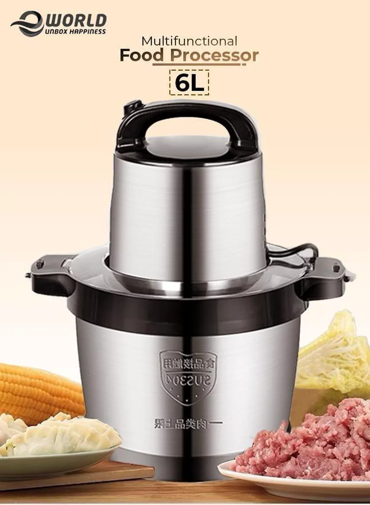 Electric Food Processor and Blender, Stainless Steel Blending Chopper for Meat Vegetable and Fruits 6L