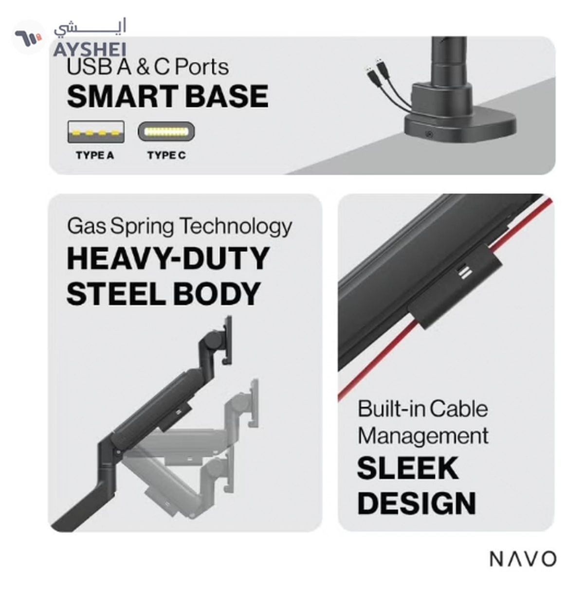 NAVO Control Single Monitor Arm - Model Y PRO, Desk Mount for 17-57 inch Flat-3-3