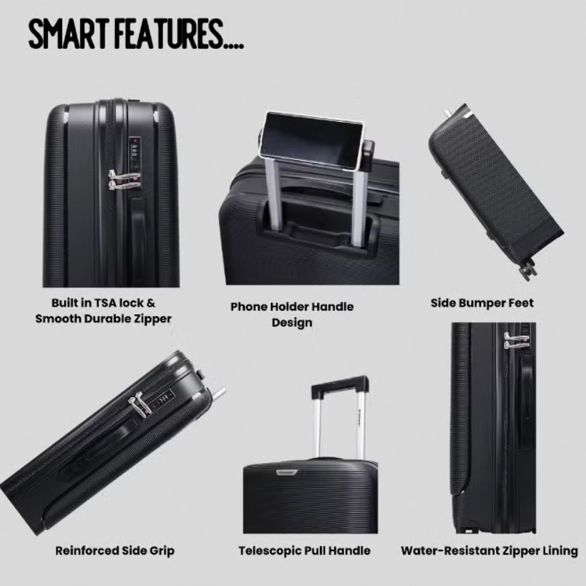 British Traveller 3-Piece Polypropylene Luggage Set | 20”, 24”, 28” Lightweight Suitcases with 360° Spinner Wheels, TSA Lock, Water & Scratch Resistant | Durable Hard Shell Trolley Bags with Telescopic Handle - Black-6-6