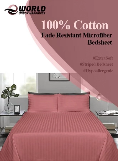 Eworld 3 Piece Luxury Maroon Striped Bed Sheet Set with 1 Flat Sheet and 2 Pillowcases -2