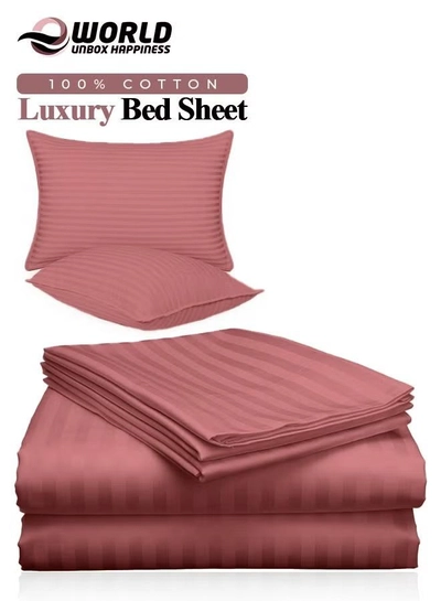 Eworld 3 Piece Luxury Maroon Striped Bed Sheet Set with 1 Flat Sheet and 2 Pillowcases -0