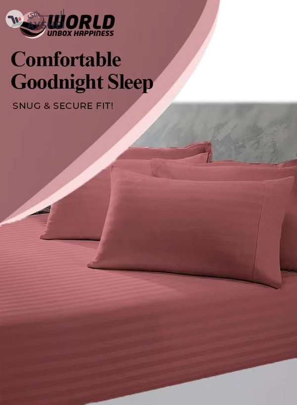 Eworld 3 Piece Luxury Maroon Striped Bed Sheet Set with 1 Flat Sheet and 2 Pillowcases