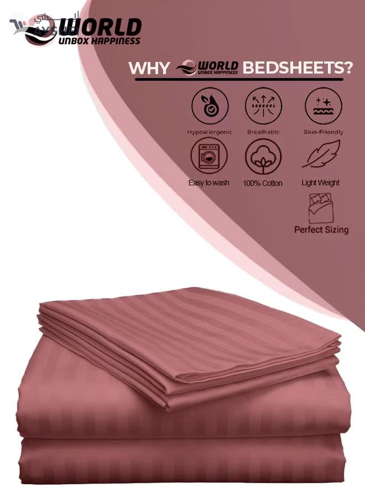 Eworld 3 Piece Luxury Maroon Striped Bed Sheet Set with 1 Flat Sheet and 2 Pillowcases -4-4