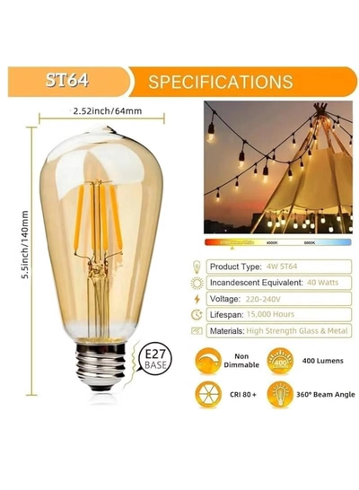 Yuwell Outdoor Waterproof IP65 Led String Lights E27 Holder 15 Meter Bulb Holder Wire With 30 Bulbs 4W ST64 Amber With EU Plug Solar Bulb Holder For Ramadan Decoration Lights And Outdoor Decoration Light Hanging Light String Wire Ramadan Light For Commercial Patio Garden & Porch Yard-3
