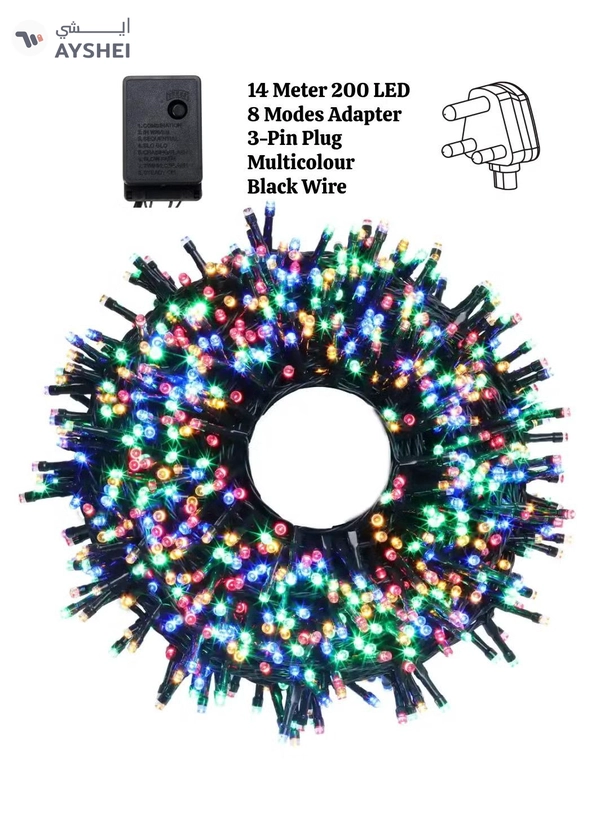 Yuwell 14 Meter 200 LED String Lights Decoration Lights RGB Light 8 Modes Led Light Black Wire For Home Decorations Ramadan Lights Indoor & Outdoor Decoration Ramadan Decoration Light Diwali Lights Curtain Lights With 3-Pin UK Plug